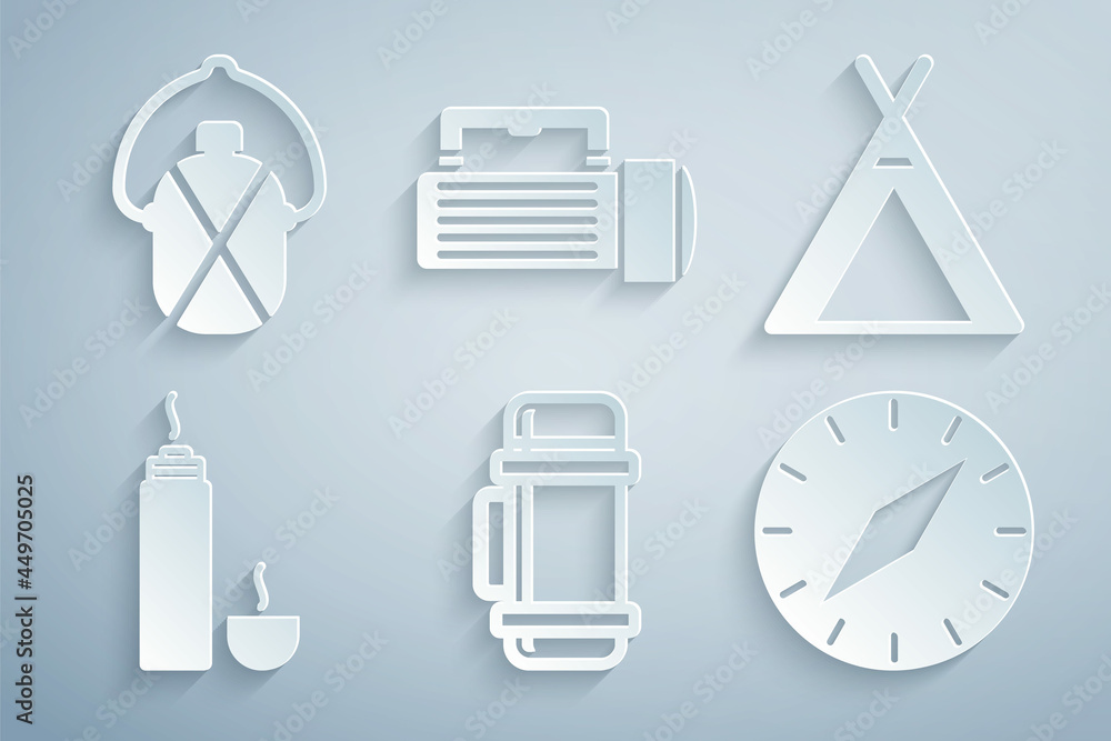 Set Thermos container, Tourist tent, Compass, Flashlight and Canteen water bottle icon. Vector Set Thermos container, Tourist tent, Compass, Flashlight and Canteen water bottle icon. Vector