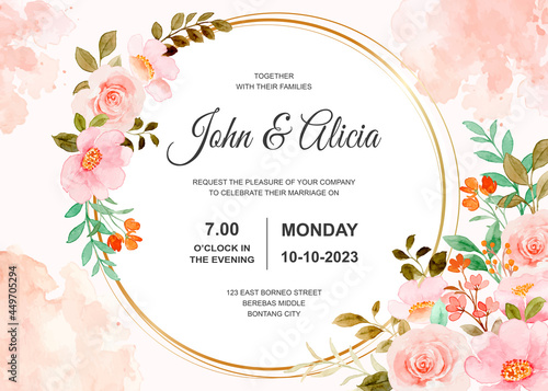 Wedding invitation card with soft pink floral watercolor