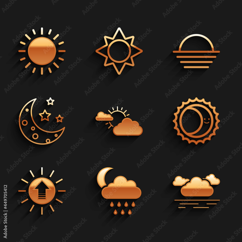 Set Sun and cloud weather, Cloud with rain moon, Eclipse of sun, Sunset, Moon stars, and icon. Vector Set Sun and cloud weather, Cloud with rain moon, Eclipse of sun, Sunset, Moon stars, and icon. Vector