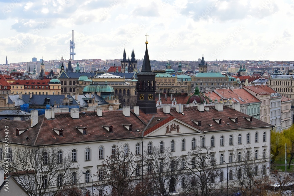 High angle view of historical sights in Prague, capital of the Czech Republic.