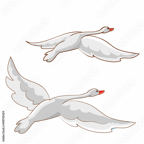 two white swans fly away into the distance, cartoon illustration, isolated object on white background, vector,