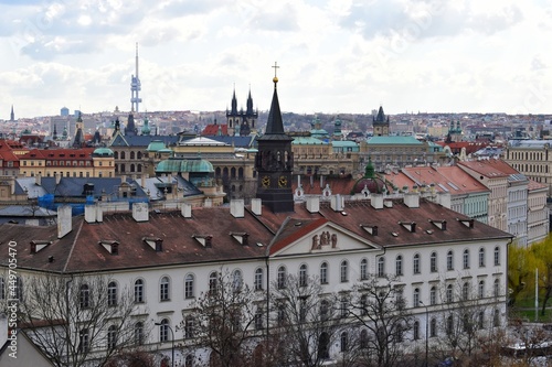 High angle view of historical sights in Prague  capital of the Czech Republic.