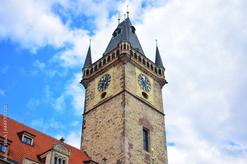 The tower of Astronomical Clock (Orloj) Located in the old town square. This place is a popular tourist attraction in Prague, Czech Republic.
