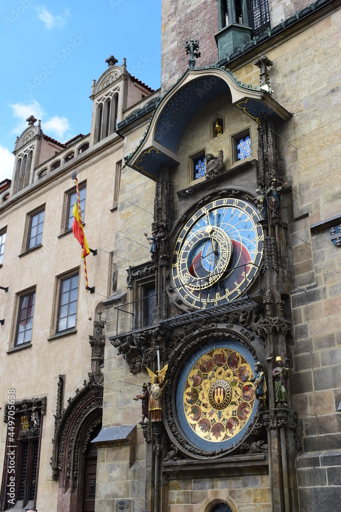 Astronomical Clock (Orloj) Located on the south wall of the City Hall in the old town square. This place is a popular tourist attraction in Prague, Czech Republic.