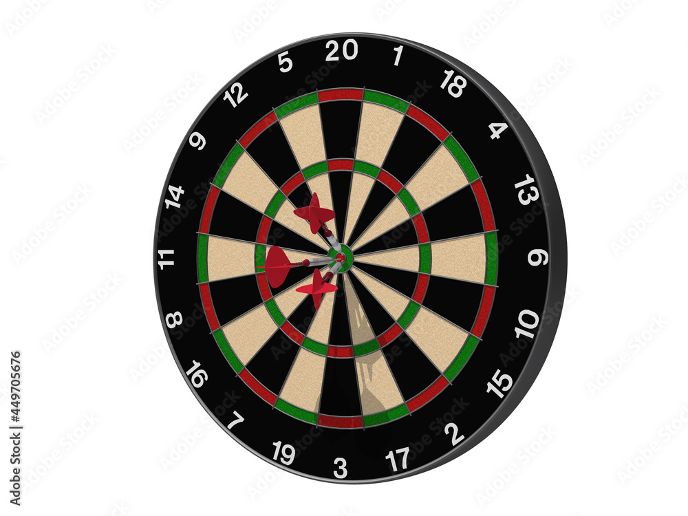 darts hit on Dartboard white background close up, 3DCG illustration darts hit on Dartboard white background close up, 3DCG illustration