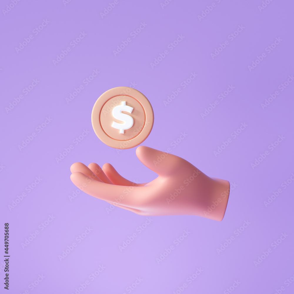 3D Hand holding a coin, money-saving, online payment, and payment concept. 3d render illustration 3D Hand holding a coin, money-saving, online payment, and payment concept. 3d render illustration
