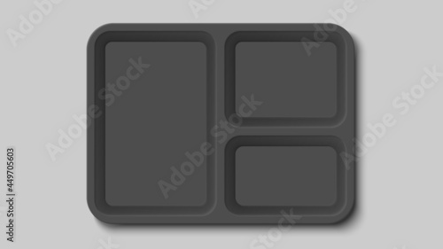 Empty black plastic food container with three compartments on a gray background. Vector illustration.