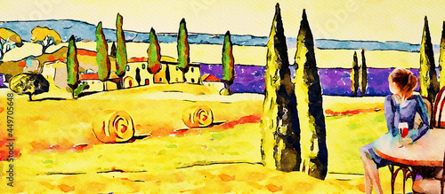 Tuscany landscape.Dolce vita concept banner, watercolor