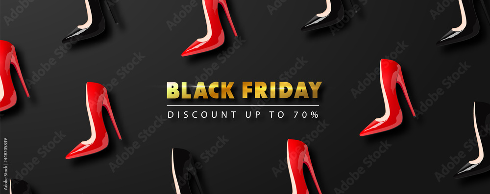 Black friday sale background with red and black shoes . Modern 3D design.Universal vector background for poster, banners, flyers, card. Black friday sale background with red and black shoes . Modern 3D design.Universal vector background for poster, banners, flyers, card.