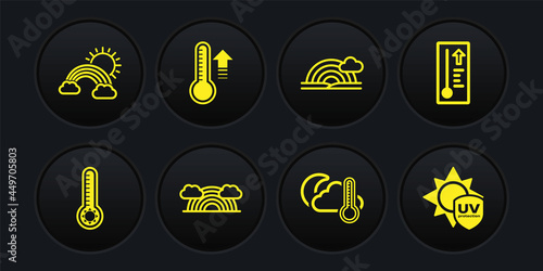 Set Meteorology thermometer, Rainbow with clouds, Thermometer and cloud, moon, UV protection and sun icon. Vector