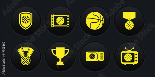 Set Basketball medal, Award cup, game ticket, video, match on tv and Shield in the basketball icon. Vector