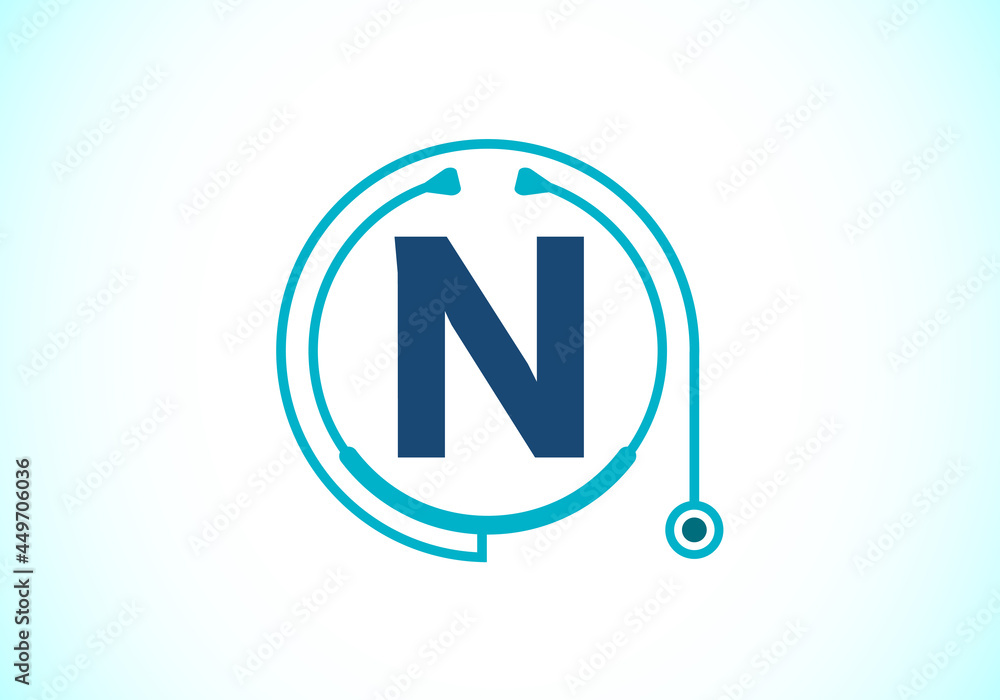 Initial N monogram alphabet with doctor stethoscope. Vector stethoscope logo or icon. Logo for medical and pharmaceutical business and company identity Initial N monogram alphabet with doctor stethoscope. Vector stethoscope logo or icon. Logo for medical and pharmaceutical business and company identity