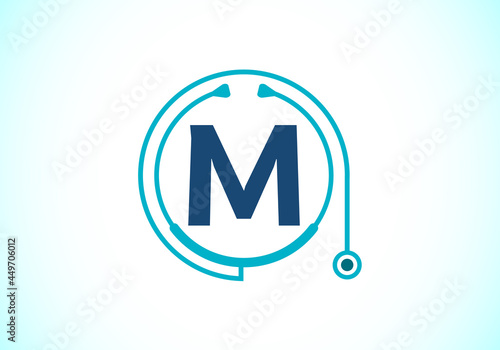 Initial M monogram alphabet with doctor stethoscope. Vector stethoscope logo or icon. Logo for medical and pharmaceutical business and company identity