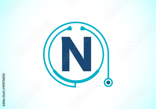 Initial N monogram alphabet with doctor stethoscope. Vector stethoscope logo or icon. Logo for medical and pharmaceutical business and company identity