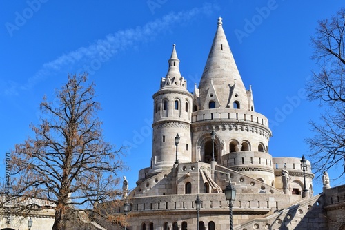 The Halászbástya or Fisherman's Bastion is a terrace in neo-Gothic and neo-Romanesque style situated on the Castle hill in Budapest, HANGARY. photo