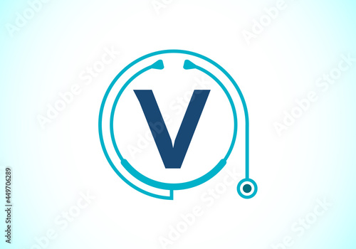 Initial V monogram alphabet with doctor stethoscope. Vector stethoscope logo or icon. Logo for medical and pharmaceutical business and company identity