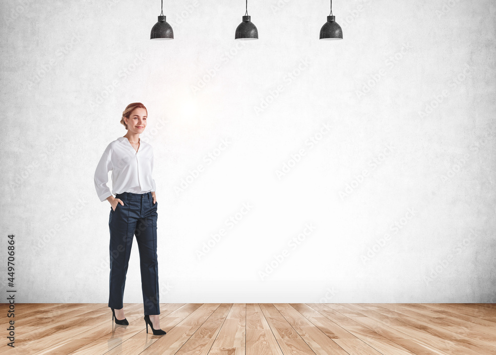 Attractive businesswoman wearing formal suit is walking inside office