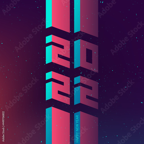Happy New Year 2022. Poster for new year party. Futuristic design of poster with 3d abstract elements and gradients. Applicable for covers design, placards, music posters, dj flyers, banner. Vector.