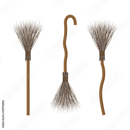 A set consisting of witch brooms of various shapes. A vehicle of evil spirits. The witch s broom is a Halloween symbol, a vector illustration isolated on a white background