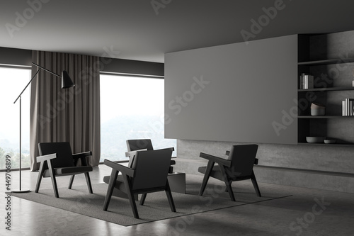 Panoramic living room in shades of grey. Corner view