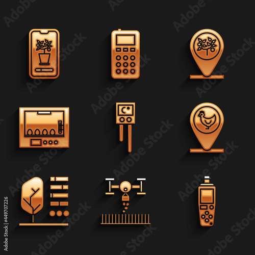 Set Temperature and humidity sensor, Smart farm with drone, Portable, Chicken location, Plant status, Incubator for eggs, Location tree and control farming system icon. Vector