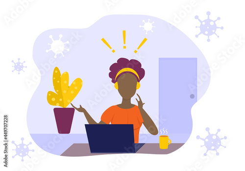 Concept COVID-19, quarantine, stress. dark skinned girl  who are showing signs of shock After seeing news of the spread of COVID-19. Vector flat style. Illustration for pandemic, virus, stay home 