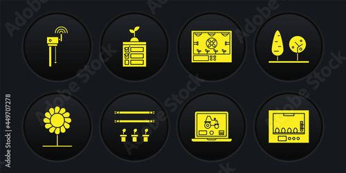 Set Flower, Trees, Smart farm with bulb and plant, Laptop application for smart, farming technology, Incubator eggs and Router wi-fi signal icon. Vector