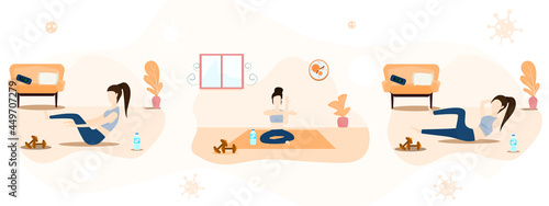 Concept exercise, COVID-19, quarantine. Woman doing exercises, squash, sit-ups, yoga at home. Vector flat style. Illustration for lifestyle, stay home, happy, relax, free, epidemics, activity, holiday