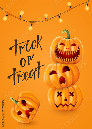 Halloween background, funny pumpkins. Greeting card for party and sale. Autumn holidays. Vector illustration EPS10.
