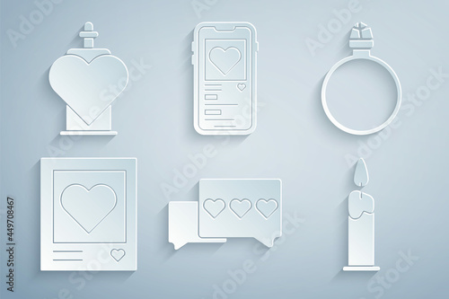 Set Like and heart, Diamond engagement ring, Photo frames hearts, Burning candle, Mobile with and Bottle love potion icon. Vector