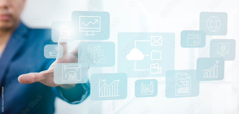 Businessman touchscreen on the graph Screen Icon of a media screen, Technology Process System Business with Communication and marketing concept, Team success, HR Human, Business success Businessman touchscreen on the graph Screen Icon of a media screen, Technology Process System Business with Communication and marketing concept, Team success, HR Human, Business success