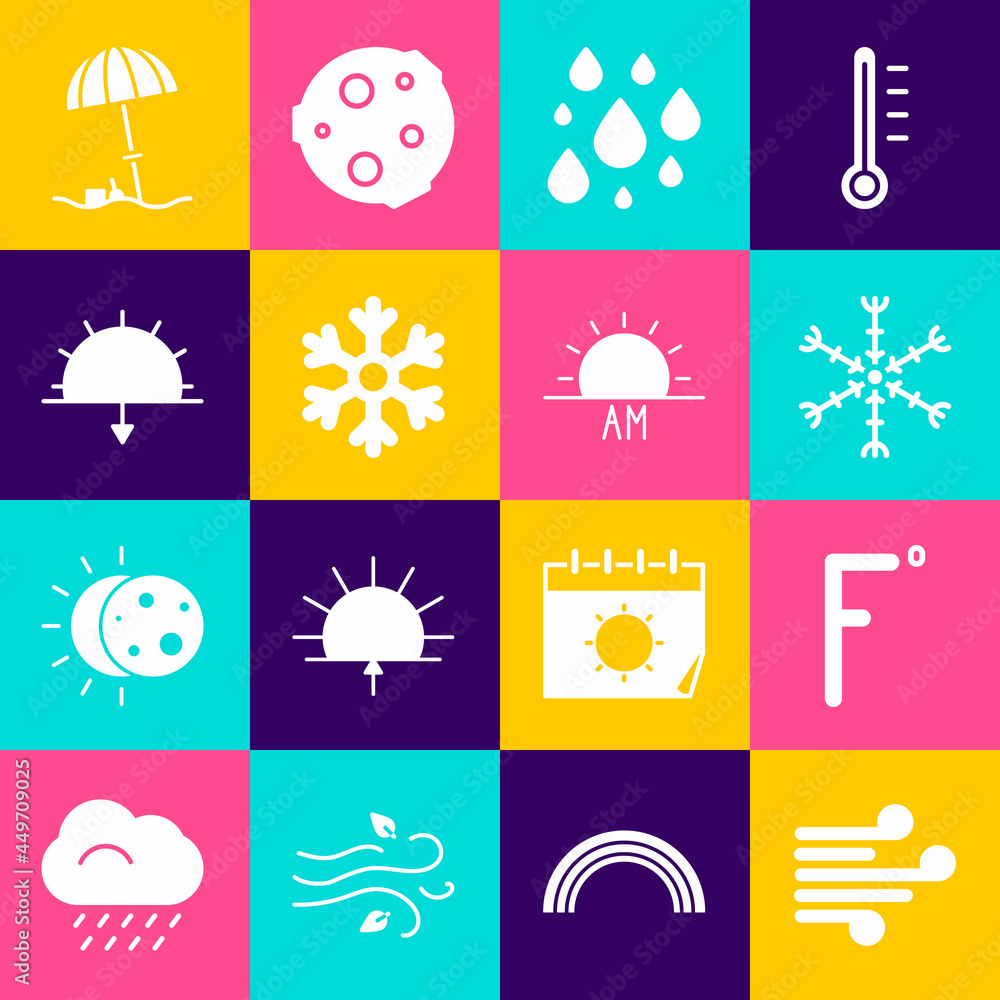 Set Wind, Fahrenheit, Snowflake, Water drop, Sunset, protective umbrella for beach and Sunrise icon. Vector Set Wind, Fahrenheit, Snowflake, Water drop, Sunset, protective umbrella for beach and Sunrise icon. Vector