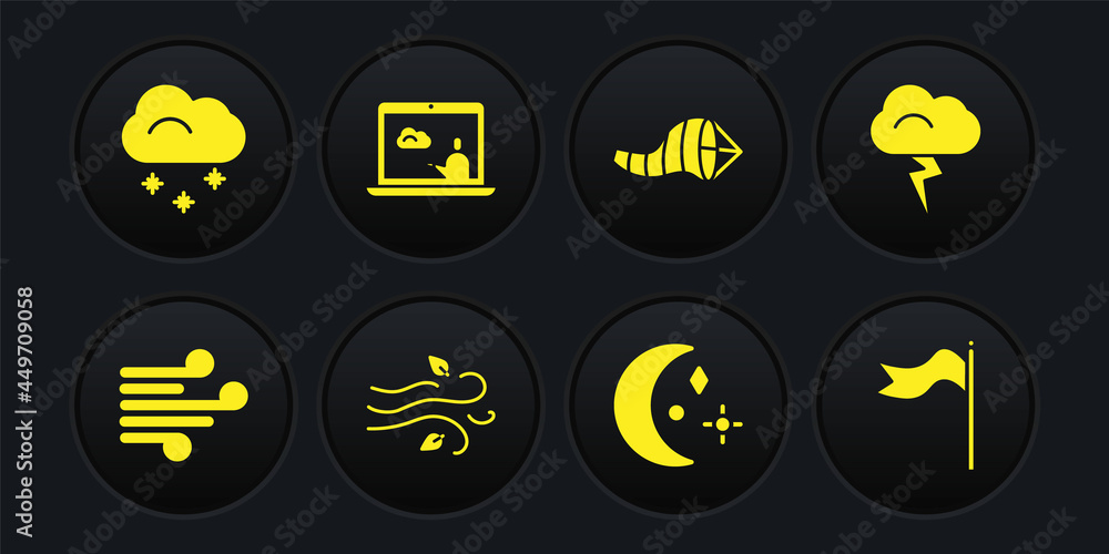 Set Wind, Storm, Moon and stars, Cone meteorology windsock wind vane, Weather forecast, Meteorology and Cloud with snow icon. Vector Set Wind, Storm, Moon and stars, Cone meteorology windsock wind vane, Weather forecast, Meteorology and Cloud with snow icon. Vector
