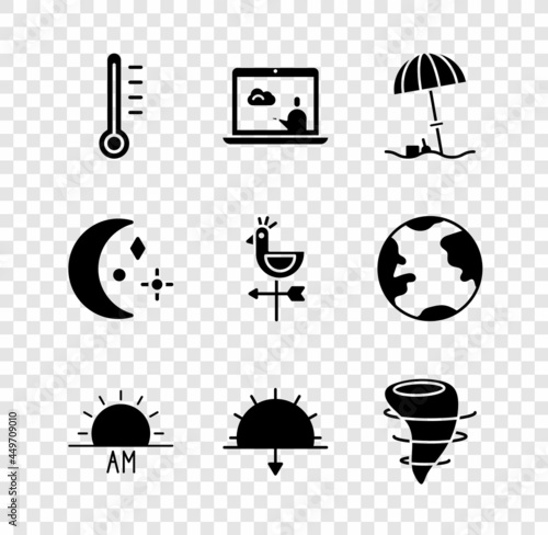 Set Meteorology thermometer, Weather forecast, Sun protective umbrella beach, Sunrise, Sunset, Tornado, Moon and stars and Rooster weather vane icon. Vector