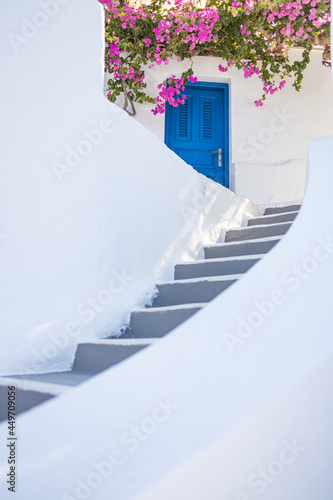 White cycladic architecture with blue door and pink bougainvillea flowers on Santorini island  Greece. Fantastic travel background Idyllic summer vacation holiday concept. Wonderful summer luxury vibe