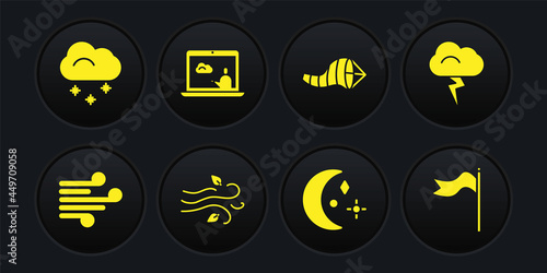 Set Wind, Storm, Moon and stars, Cone meteorology windsock wind vane, Weather forecast, Meteorology and Cloud with snow icon. Vector