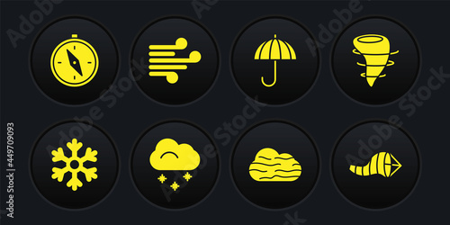 Set Snowflake, Tornado, Cloud with snow, Fog and cloud, Umbrella, Wind, Cone meteorology windsock wind vane and Compass icon. Vector