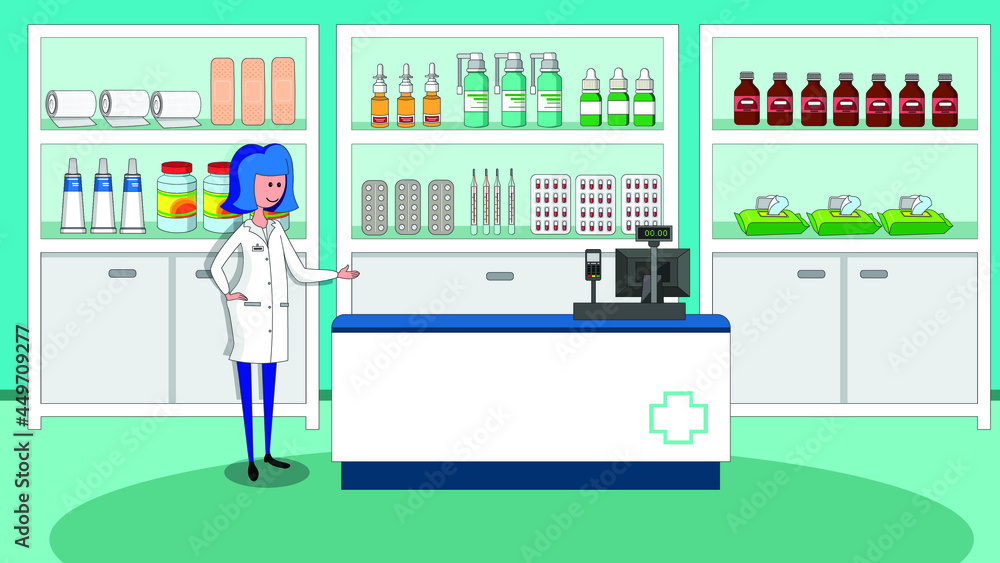 Pharmacy interior with a pharmacist  by the counter vector illustration.  Modern pharmacy,  drugstore. 