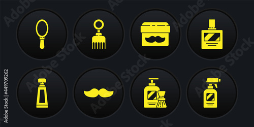 Set Cream or lotion cosmetic tube, Aftershave, Mustache, Shaving gel foam and brush, jar, Hairbrush, Hairdresser pistol spray bottle and Hand mirror icon. Vector