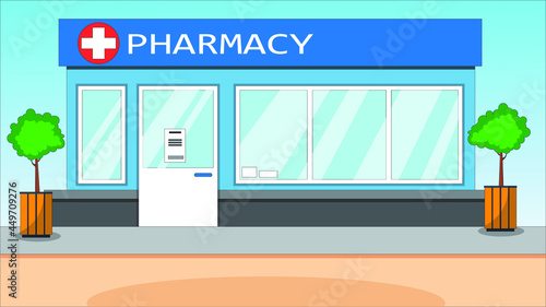 Pharmacy exterior flat vector illustration.