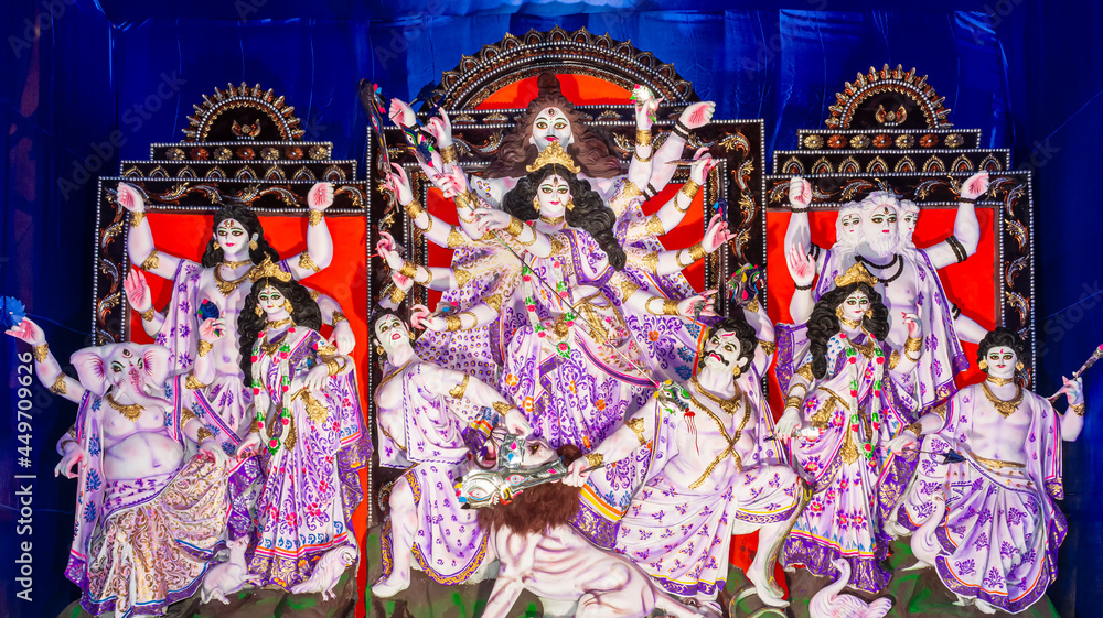 Fototapeta premium Idols of Hindu Goddess Maa Durga with her childrens during the Durga Puja festival.