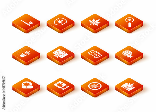 Set Herbal ecstasy tablets, Marijuana and cannabis store, plant, Monitor marijuana, Stop leaf, Digital alarm clock, Laptop and Legalize globe icon. Vector