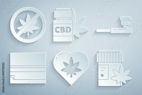 Set Marijuana leaf in heart, Smoking pipe, Rolling paper, Medical bottle with marijuana, and Stop or cannabis icon. Vector