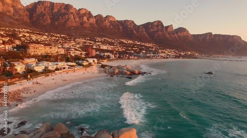 Aerial: Camps Bay at sunset, Cape Town, South Africa