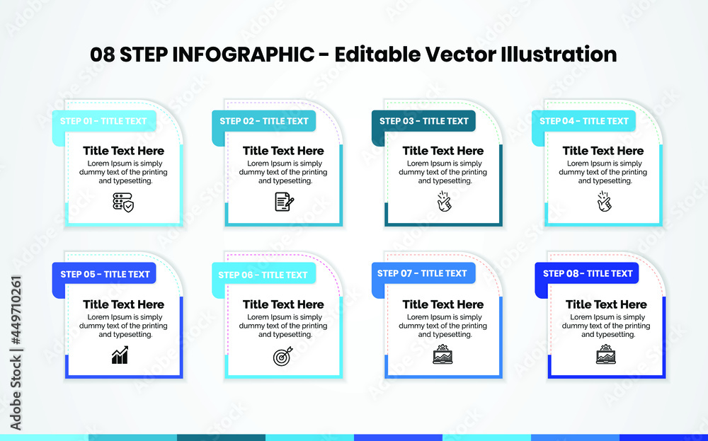 8 Steps Infographics Design Template - Graph, Pie chart, banner, tag , workflow layout, Square diagram, brochure, report, presentation, web design, Quote Editable Vector Template