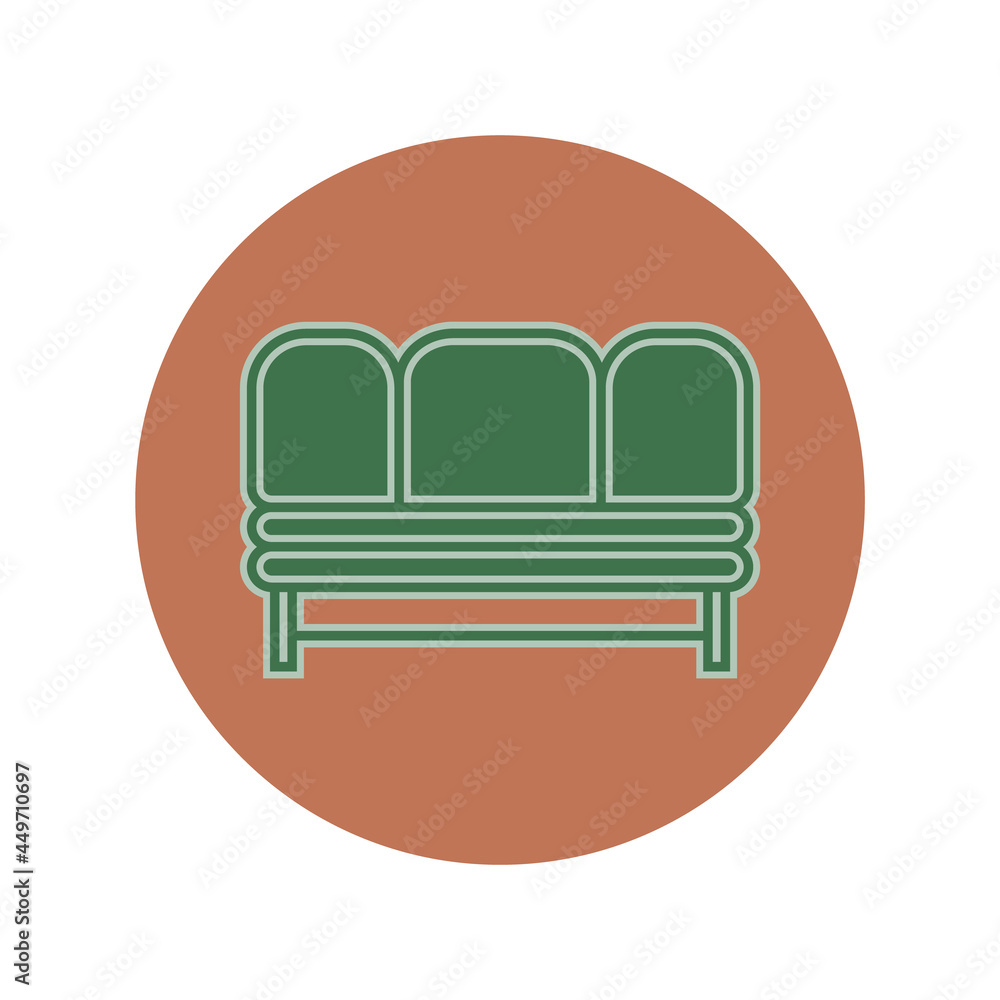 Symbol of sofa on circle colored background. Flat illustration in form of thin lines for interior design. Couch with three pillows and backs. Symbolic icon for comfortable seat. Symbol of sofa on circle colored background. Flat illustration in form of thin lines for interior design. Couch with three pillows and backs. Symbolic icon for comfortable seat.