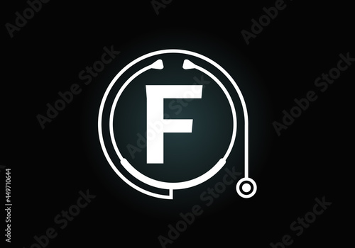Initial F monogram alphabet with doctor stethoscope. Vector stethoscope logo or icon. Logo for medical and pharmaceutical business and company identity