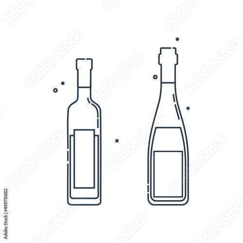 Bottle vodka and red wine line art in flat style. Restaurant alcoholic illustration for celebration design. Design contour element. Beverage outline icon. Isolated on white backdrop in graphic style