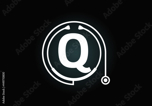 Initial Q monogram alphabet with doctor stethoscope. Vector stethoscope logo or icon. Logo for medical and pharmaceutical business and company identity
