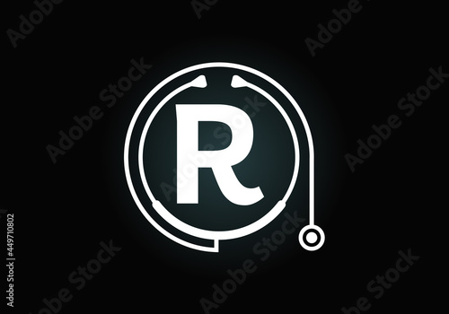 Initial R monogram alphabet with doctor stethoscope. Vector stethoscope logo or icon. Logo for medical and pharmaceutical business and company identity